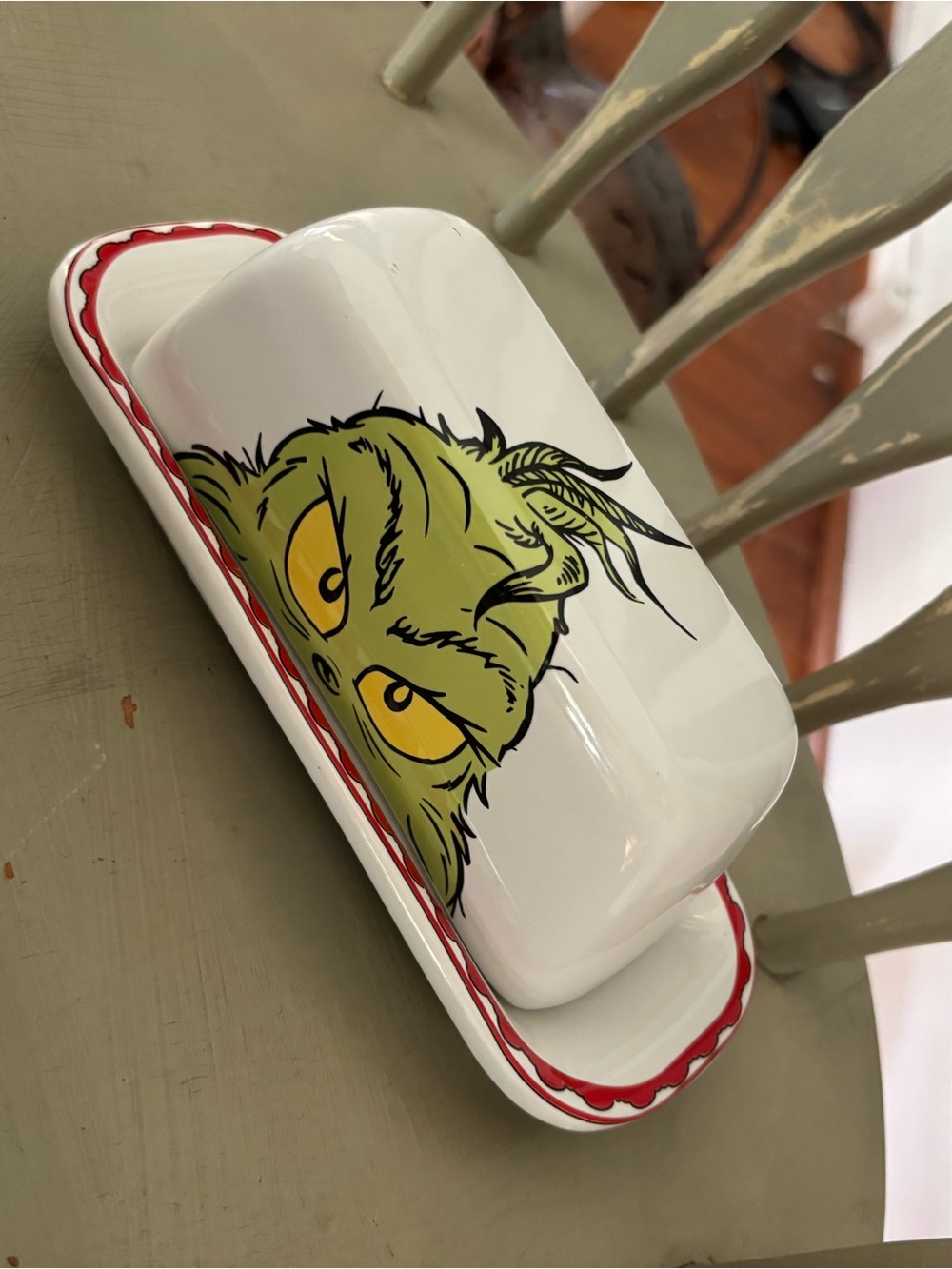 Grinch Ceramic Butter Dish - White with Green and Yellow Graphic